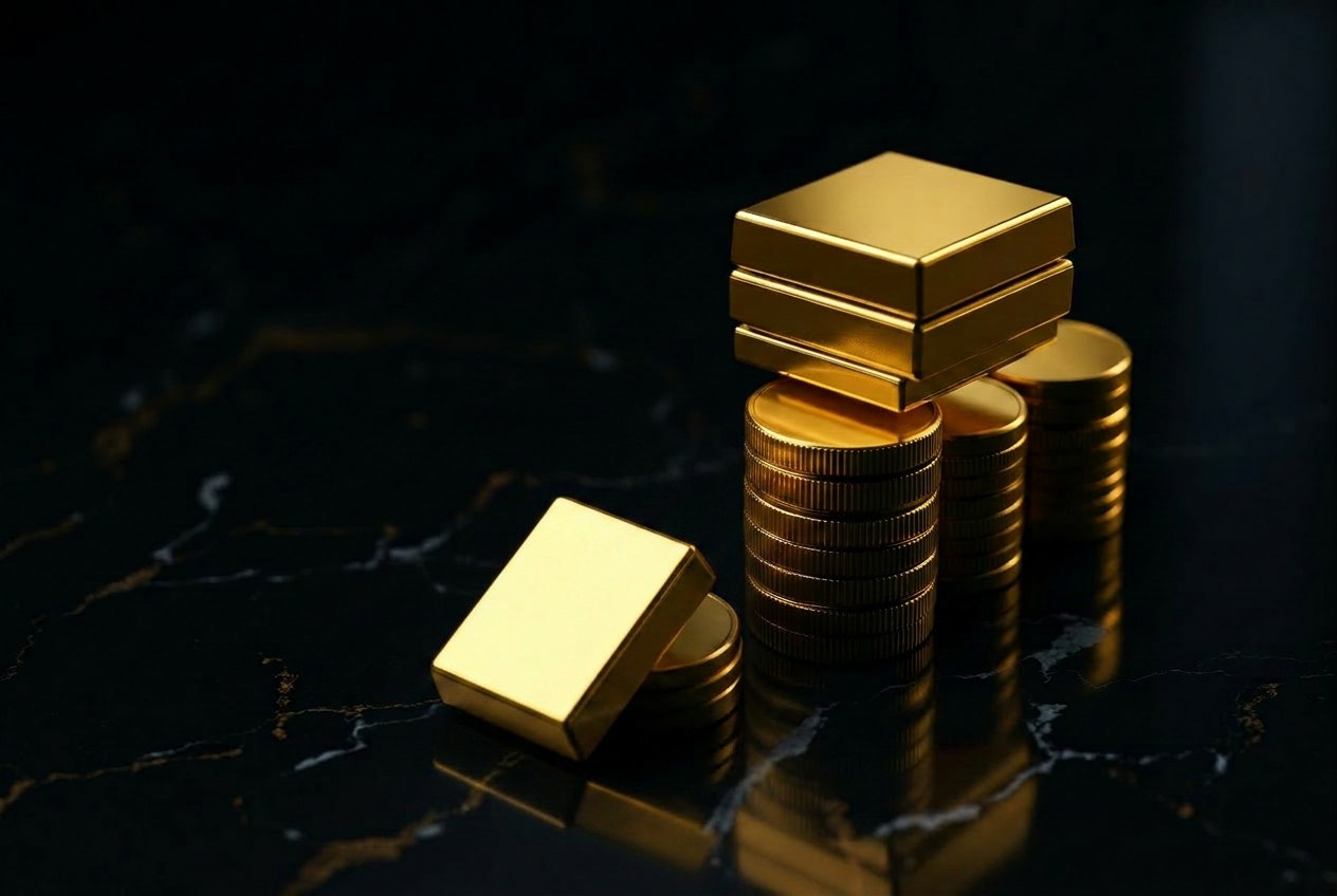 Premium gold bars and coins on dark marble